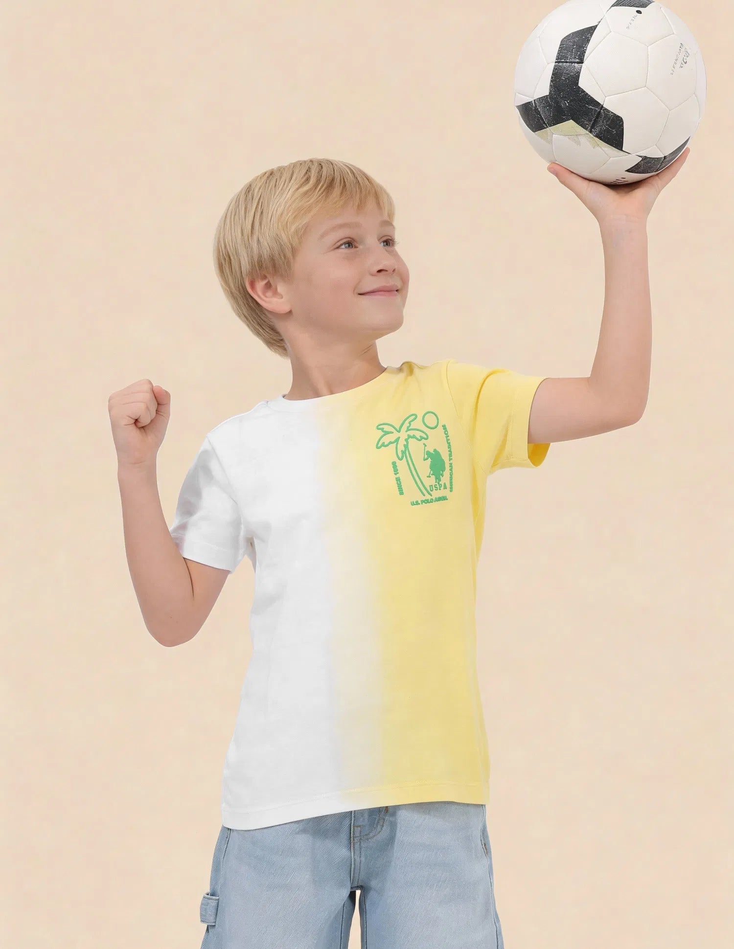 Boys Yellow Cotton Ombre Graphic Regular Fit T-Shirt