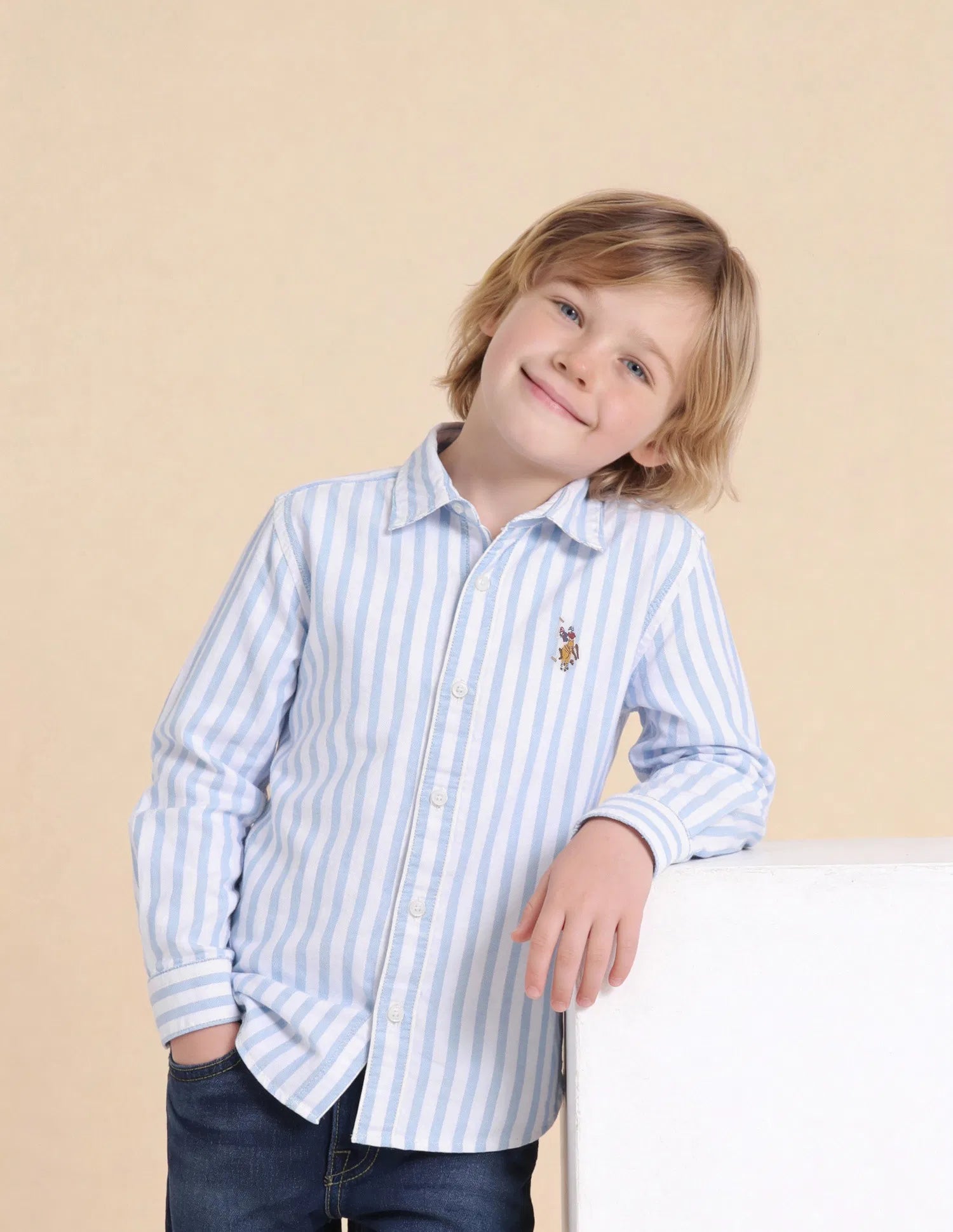 Boys Blue Vertical Striped Cotton Oxford Shirt – Regular Fit