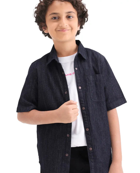 Rare Ones Boys Dark Blue Cotton Snap Button Shirt