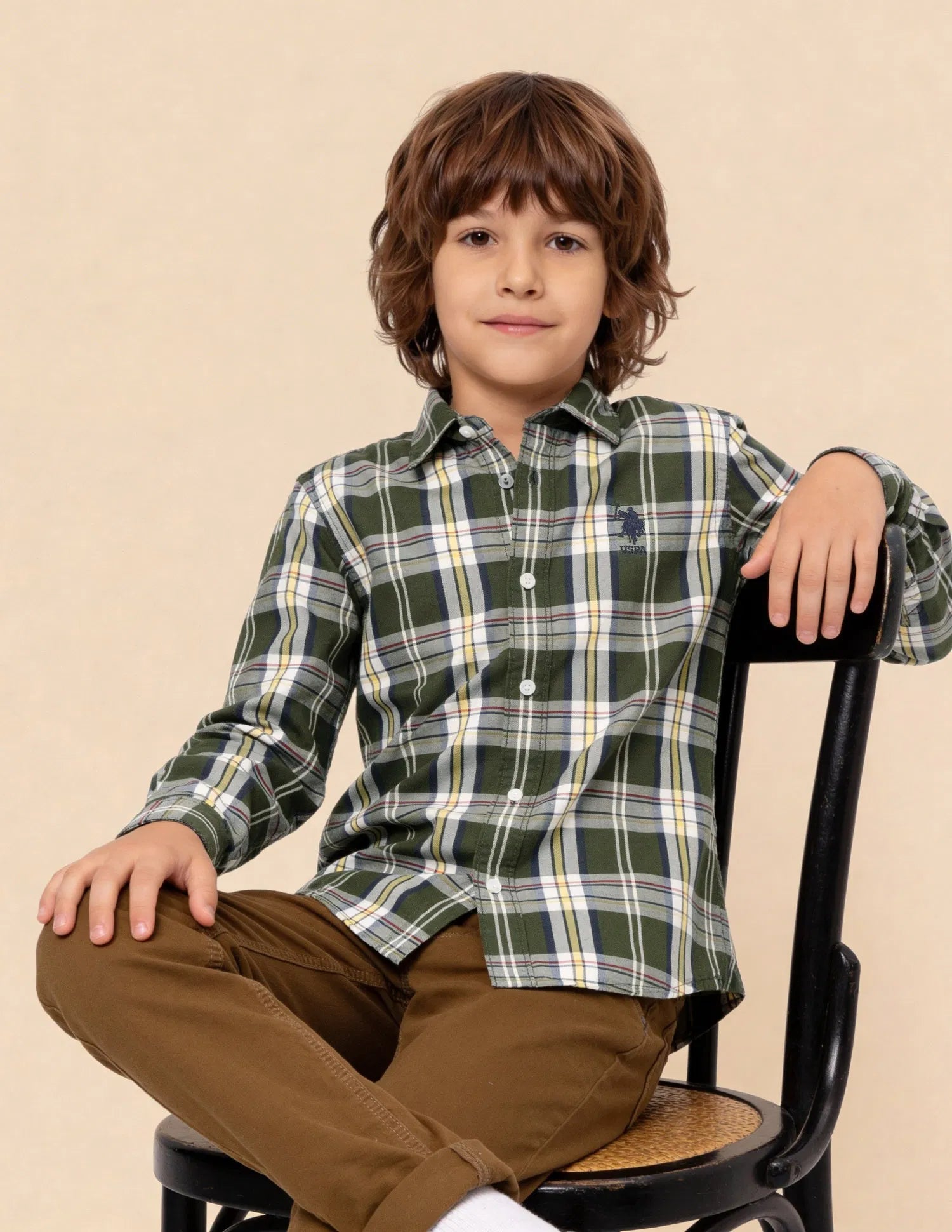 Boys Olive Plaid Checked Cotton Twill Shirt – Regular Fit