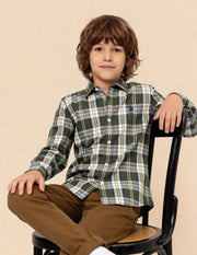 Boys Olive Plaid Checked Cotton Twill Shirt – Regular Fit