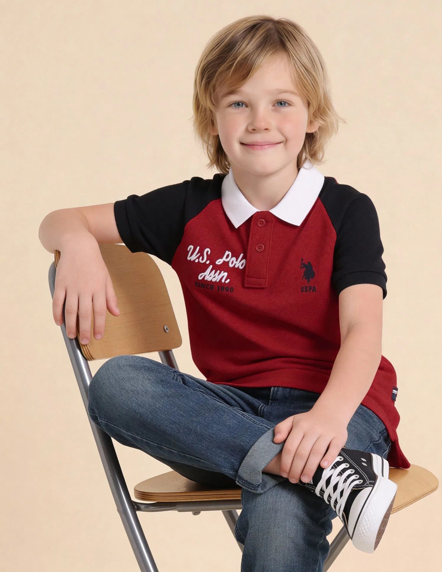 Boys Red Cotton Colour Block Regular Fit Polo Shirt