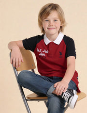 Boys Red Cotton Colour Block Regular Fit Polo Shirt