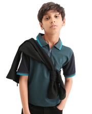 Boys Teal Embroidered Zipper Polo Shirt