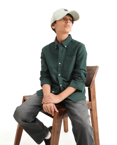 Boys Dark Green Cotton Regular Fit Shirt