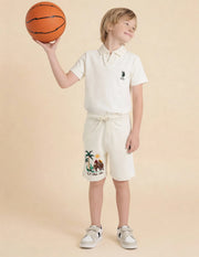 Boys Off White Cotton Embroidered Shorts Regular Fit