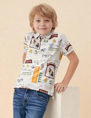 Boys Off White Cotton Graphic Print Regular Fit Polo Shirt