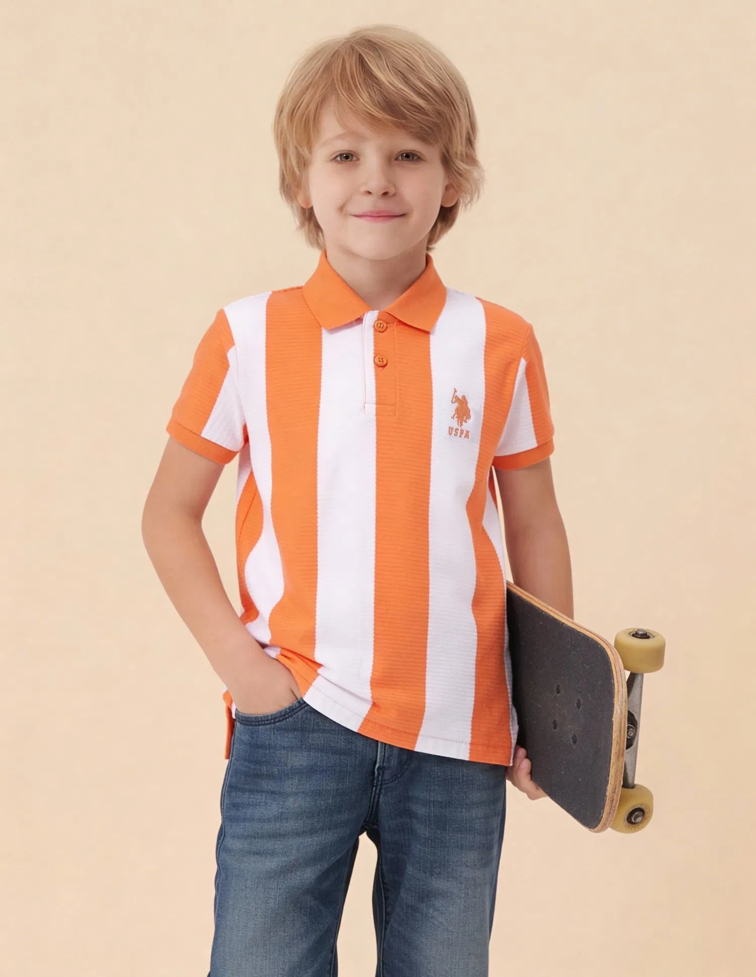 Boys Orange Cotton Blend Vertical Striped Regular Fit Polo Shirt