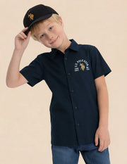Boys Blue Graphic Printed Cotton Shirt – Regular Fit