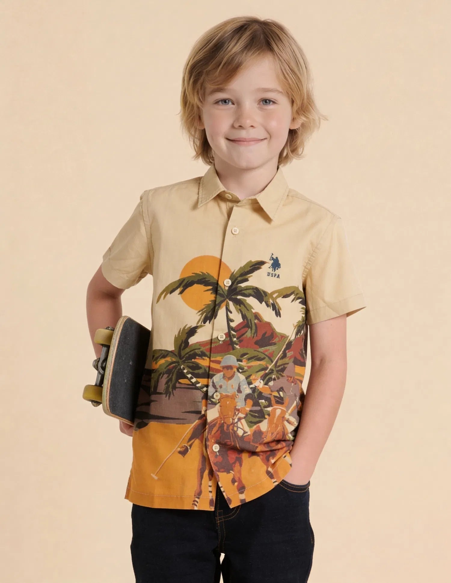 Boys Beige Graphic Printed Cotton Shirt – Regular Fit