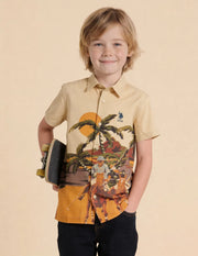 Boys Beige Graphic Printed Cotton Shirt – Regular Fit