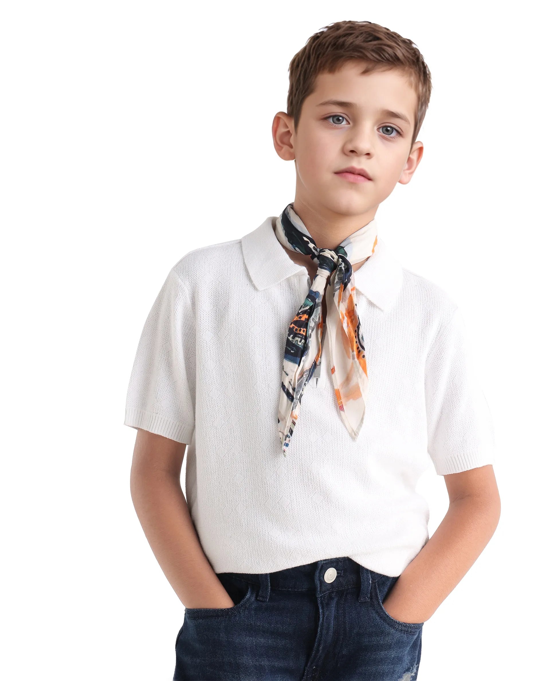 Boys Off White Jacquard Zipper Polo Shirt