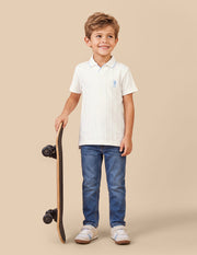 Boys Off White Cotton Vertical Striped Regular Fit Polo Shirt