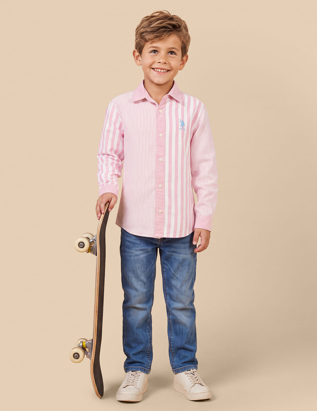 Boys Pink Cotton Vertical Striped Regular Fit Shirt