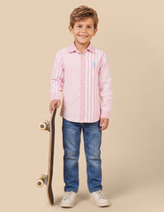 Boys Pink Cotton Vertical Striped Regular Fit Shirt