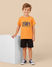 Boys Light Orange Cotton Logo Print Regular Fit T-Shirt