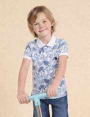 Boys Off White Cotton All-Over Print Regular Fit Polo Shirt