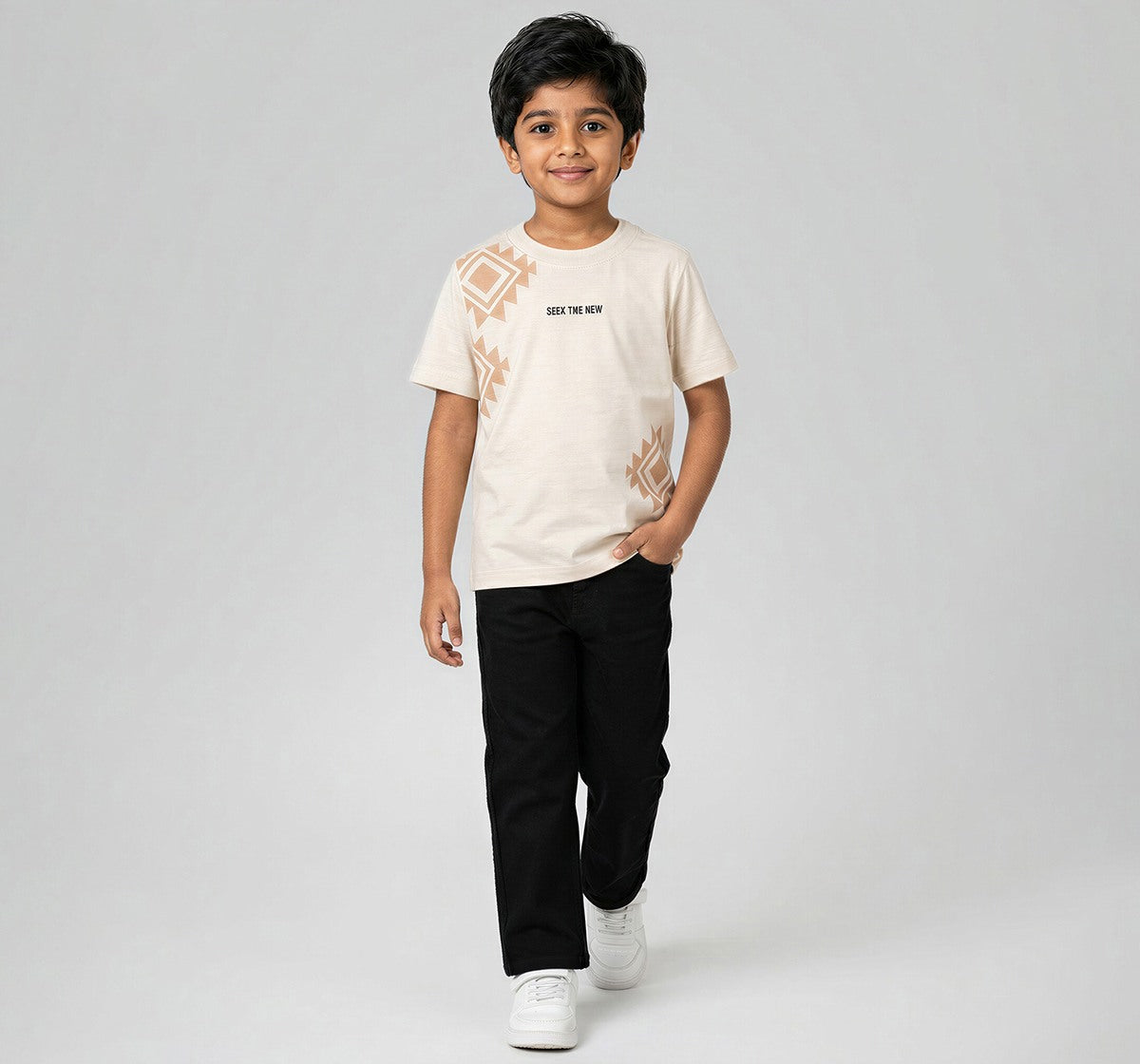 Crew Neck T-Shirt W/ Print & Applique Beige Half