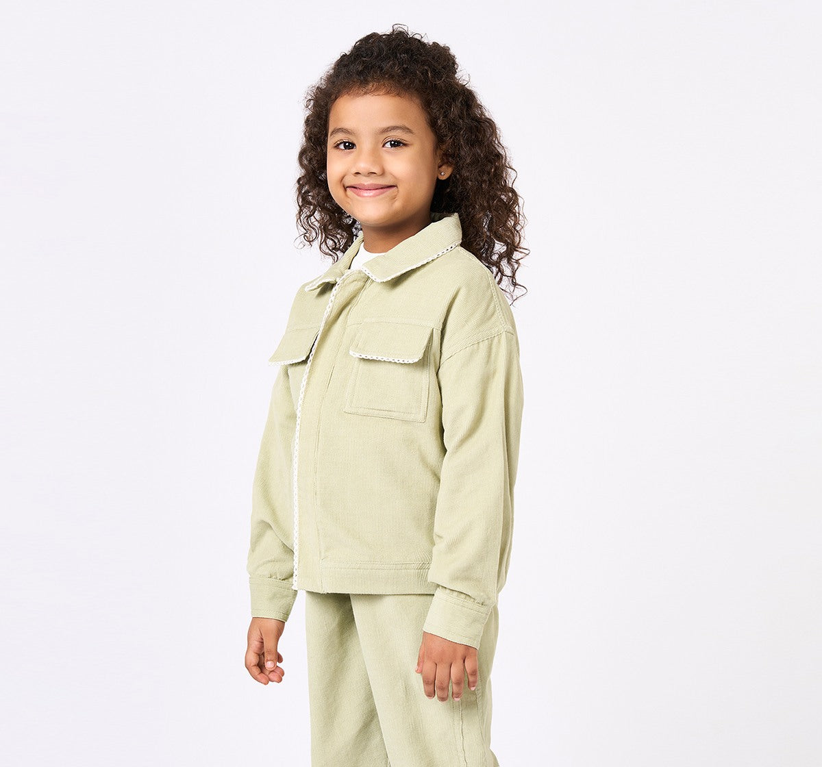 Corduroy Jacket with Lace Detail Green