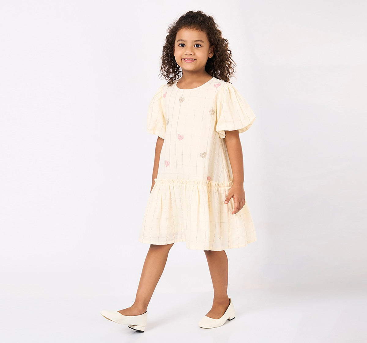 Dress with Heart Embroidery Off White