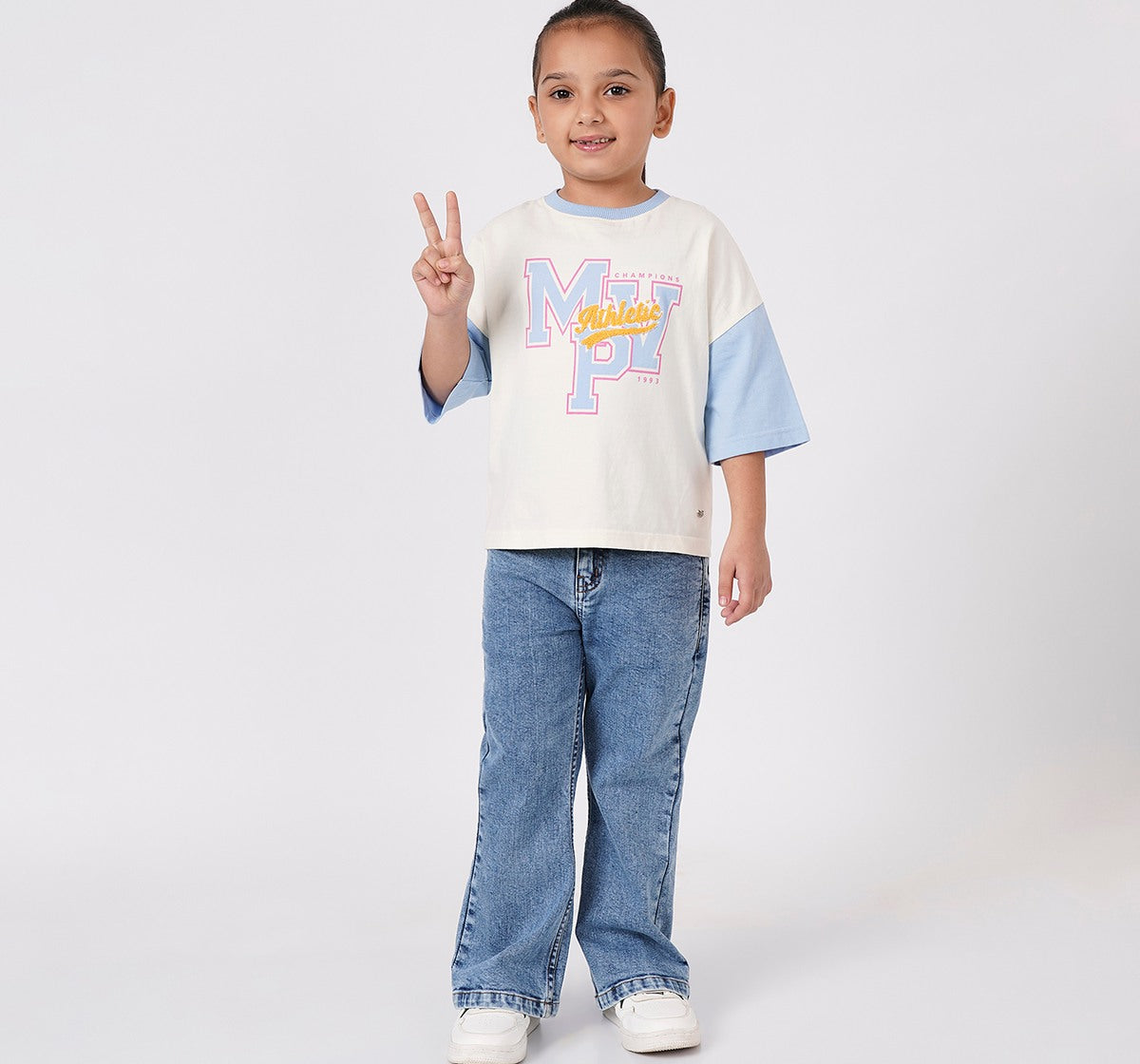 Girls Cream and Blue Cotton Color Block Boxy Fit T-Shirt