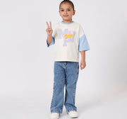 Girls Cream and Blue Cotton Color Block Boxy Fit T-Shirt
