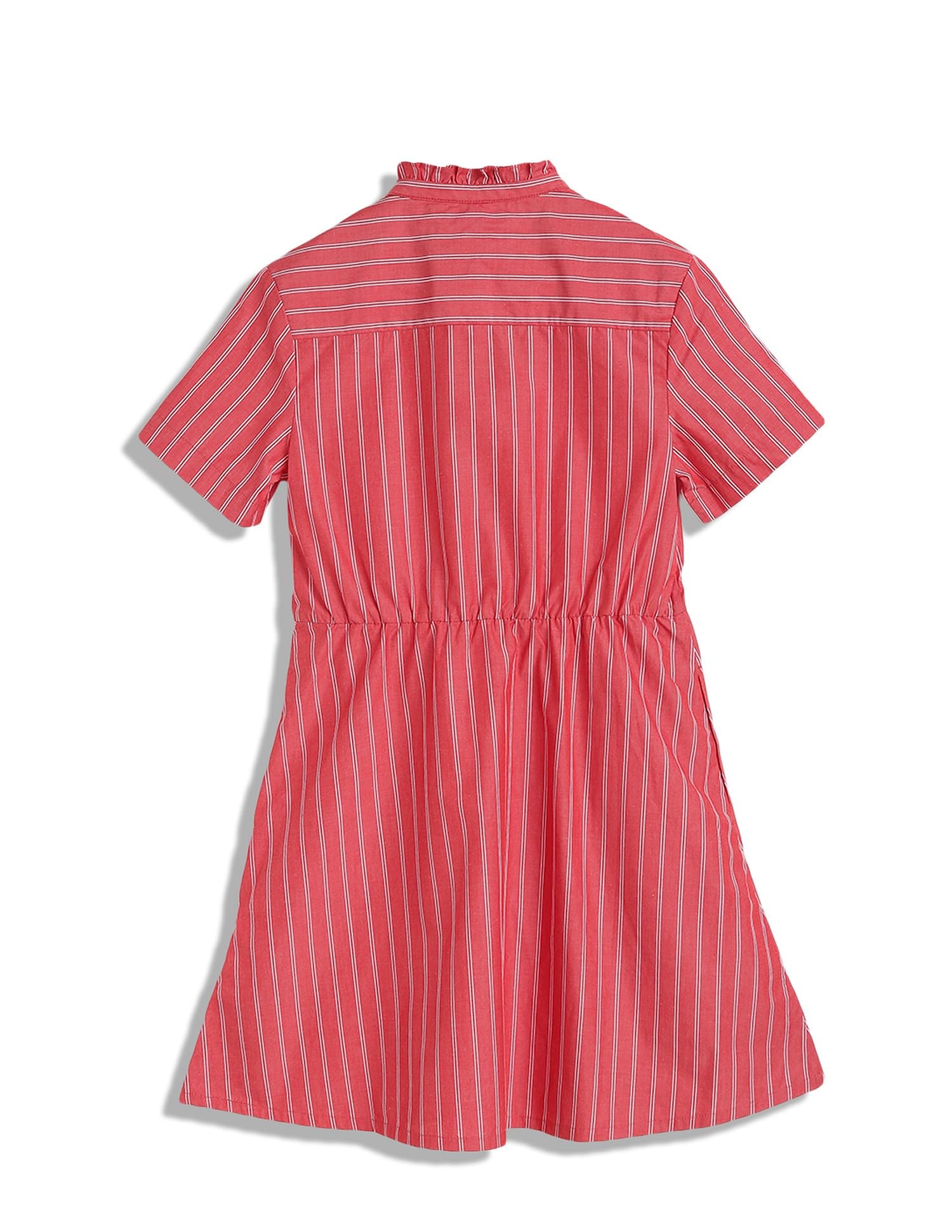Girls Red Striped Cotton Casual Knee-Length Dress