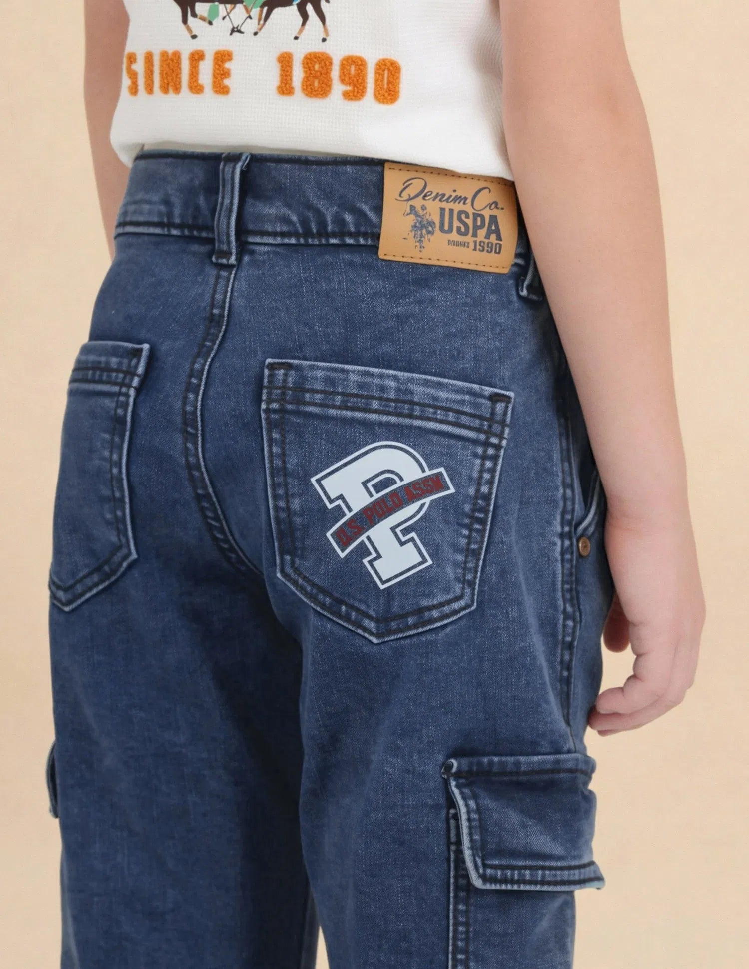 Boys Dark Blue Cotton Relaxed Fit Cargo Jeans
