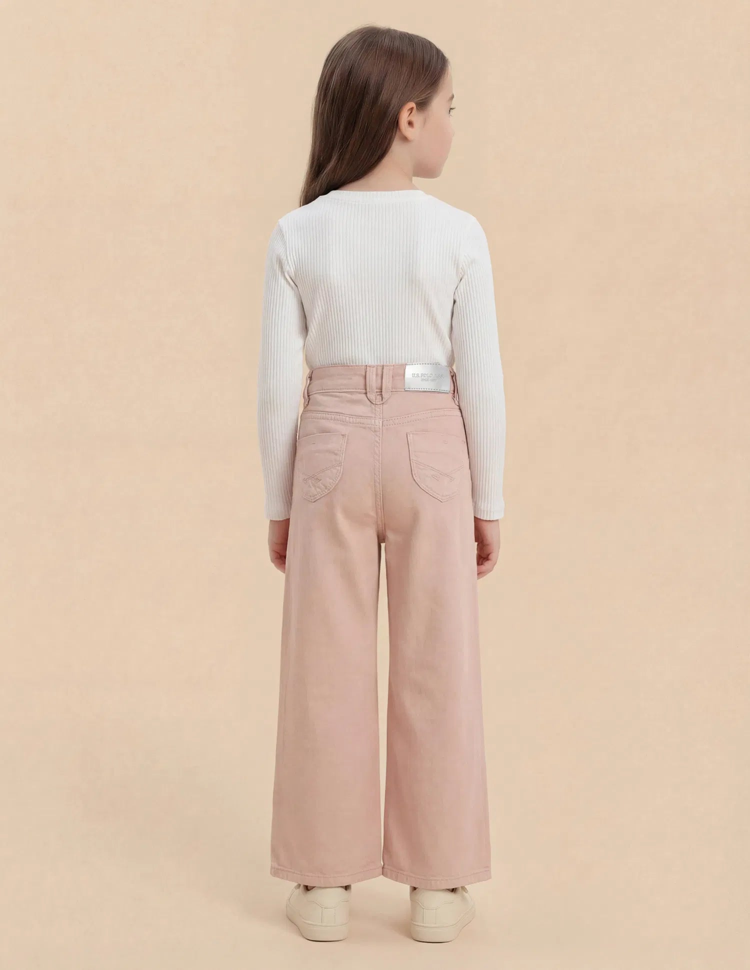 Girls Pink Cotton Mid Rise Wide Leg Jeans