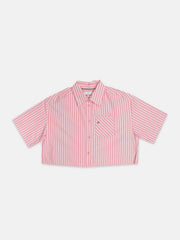 Girls Pink Striped Shirt Collar Woven Top