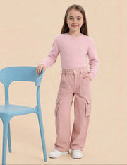 Girls Pink Cotton Blend Mid Rise Wide Leg Jeans