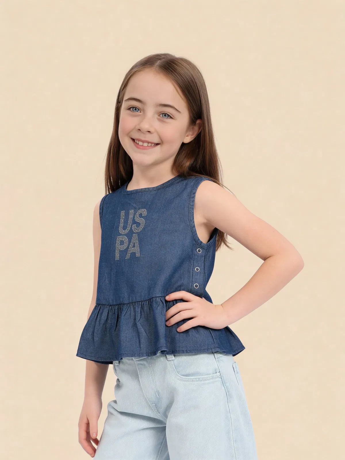 Girls Blue Tencel Brand Embellished Flared Top