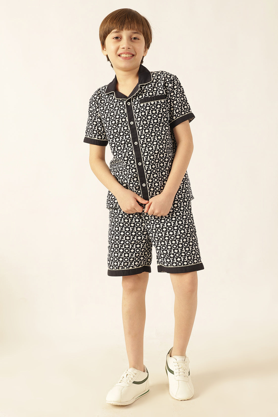 Boys Navy Blue Abstract Cotton Slub Shirt