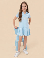 Girls Blue Cotton Logo Print Drop Waist A-Line Dress