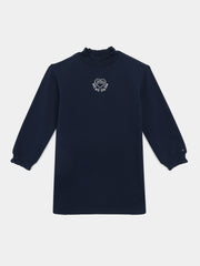 Girls Navy High Neck Cotton Blend Casual Knit Dress