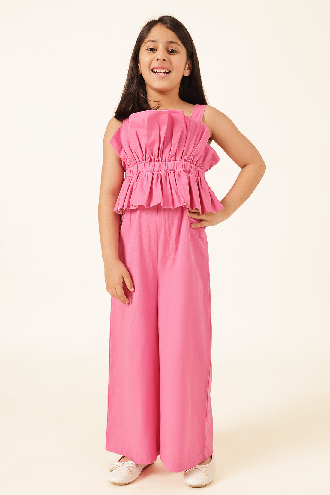 Girls Pink Square Neck Cotton Twill Jumpsuit