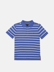 Boys Blue Striped Polo Collar Regular Fit Cotton Knit Top