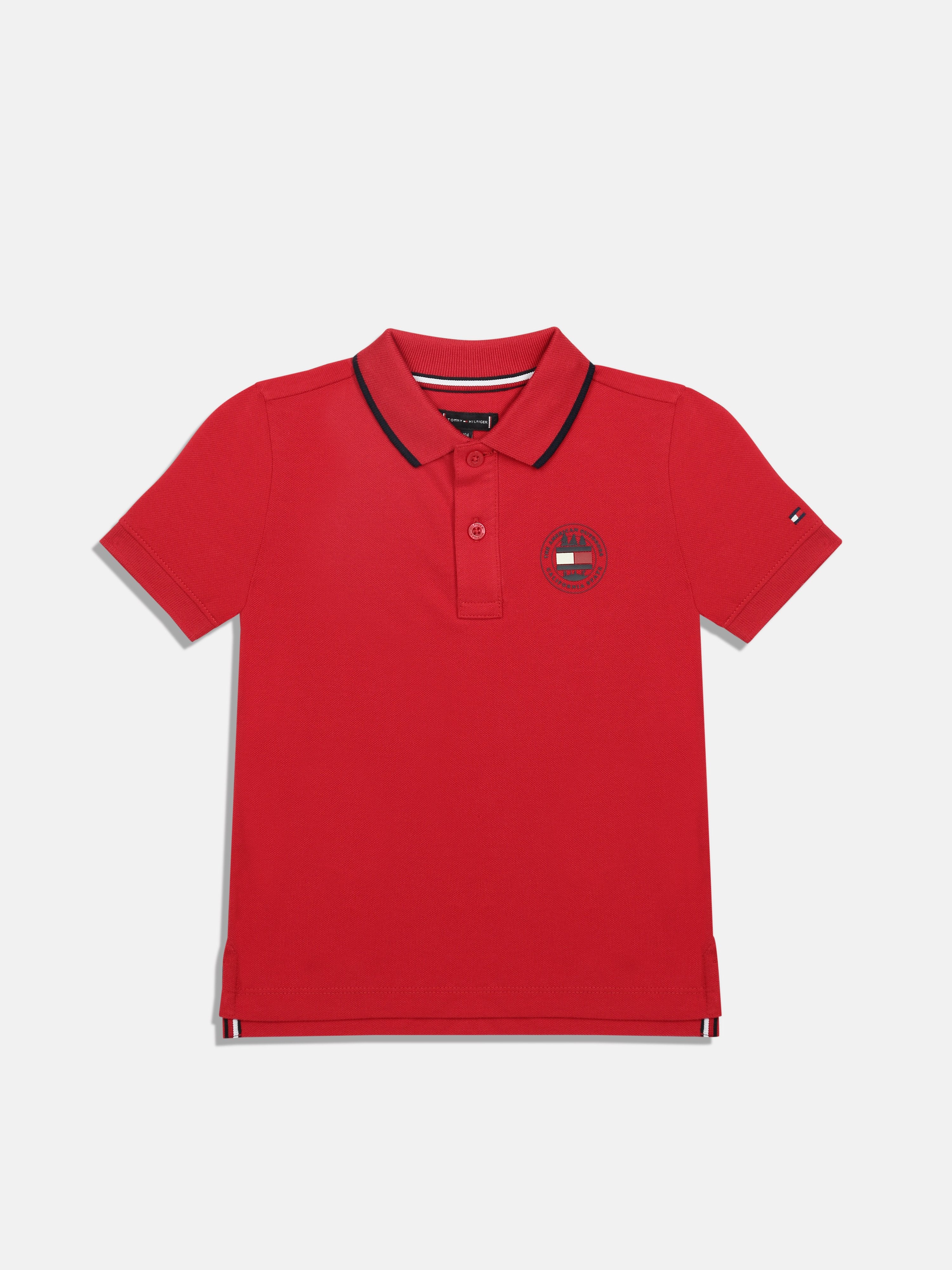 Girls Red Solid Polo Collar Cotton Knit Top