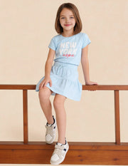 Girls Blue Cotton Mid Rise Tiered Mini Skirt