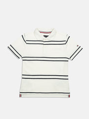 Boys White Striped Cotton Polo T-Shirt