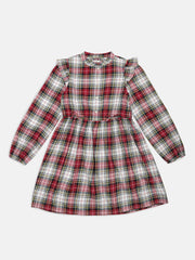 Girls Red Checked Cotton Mandarin Collar Casual Dress