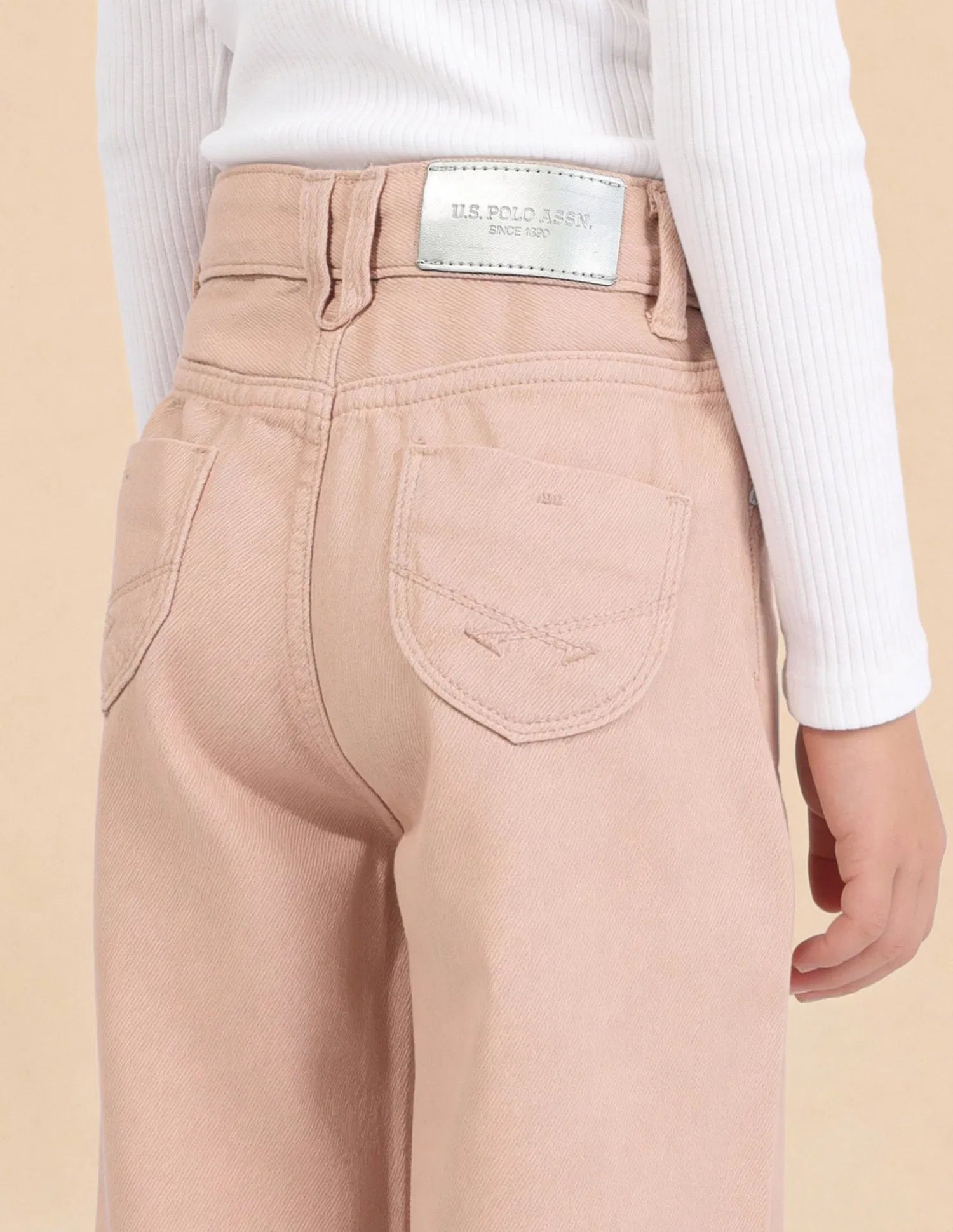 Girls Pink Cotton Mid Rise Wide Leg Jeans