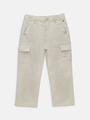 Boys Off White Solid Relaxed Fit Casual Cotton Pants
