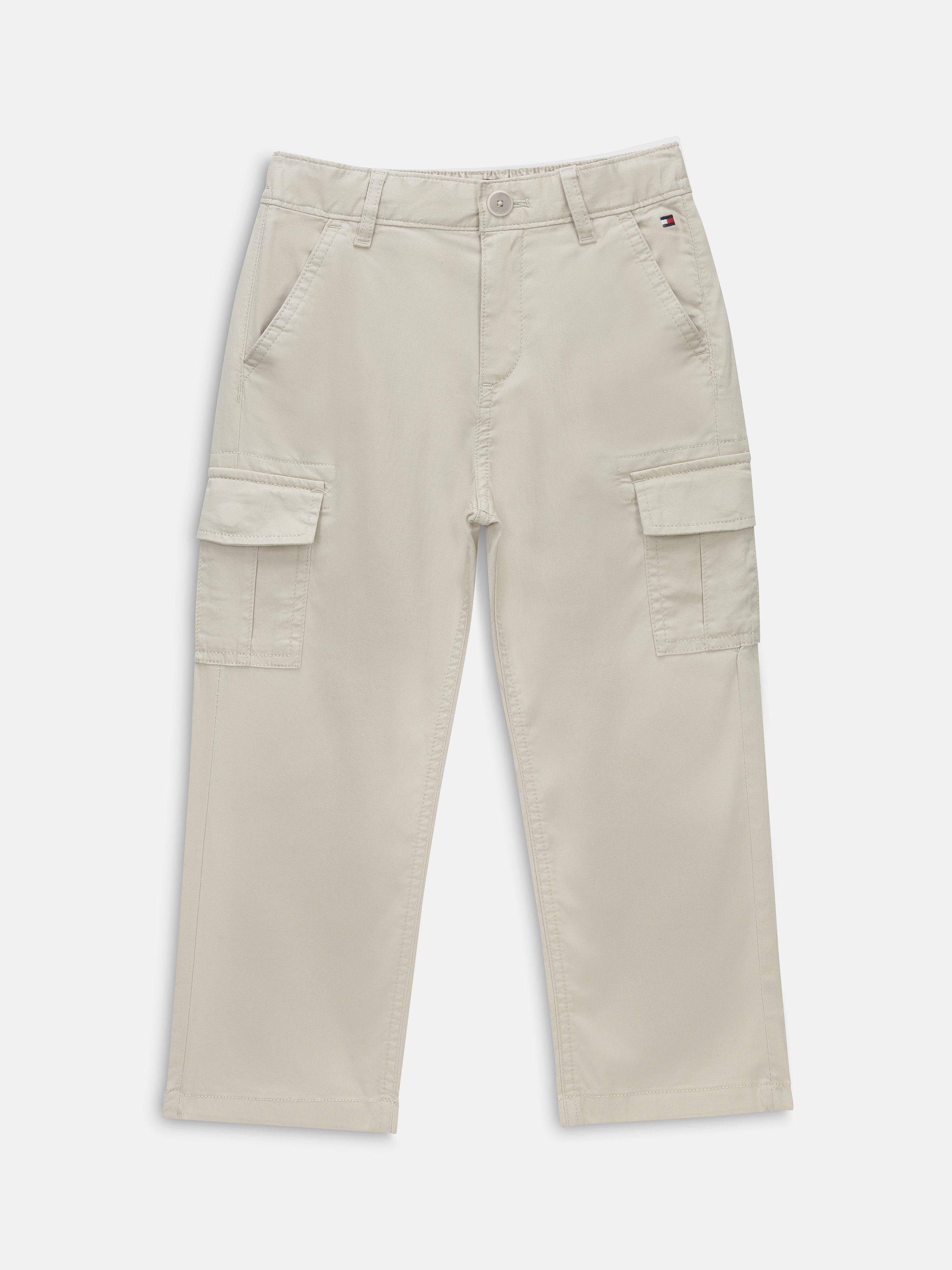 Boys Off White Solid Relaxed Fit Casual Cotton Pants