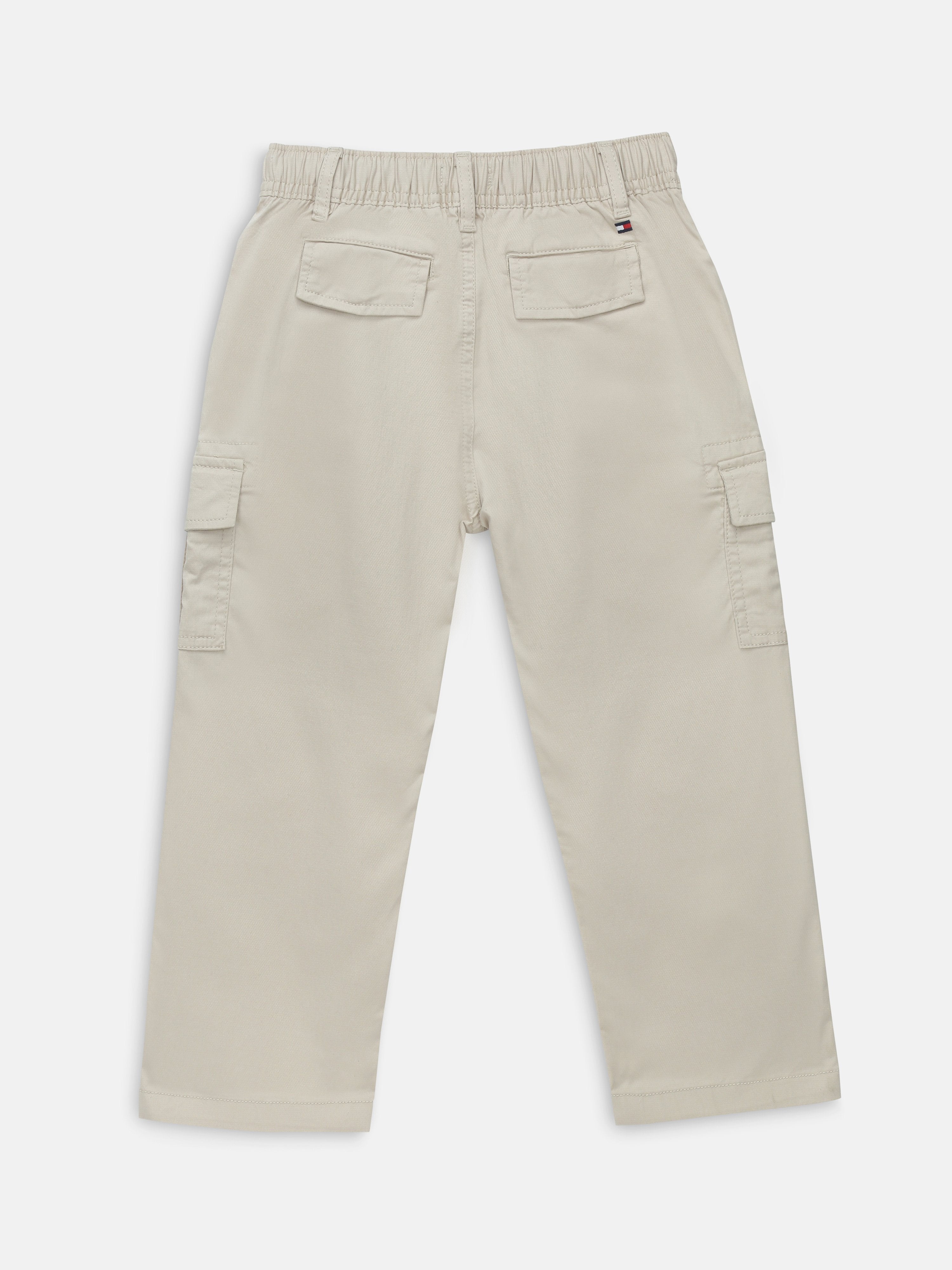 Boys Off White Solid Relaxed Fit Casual Cotton Pants