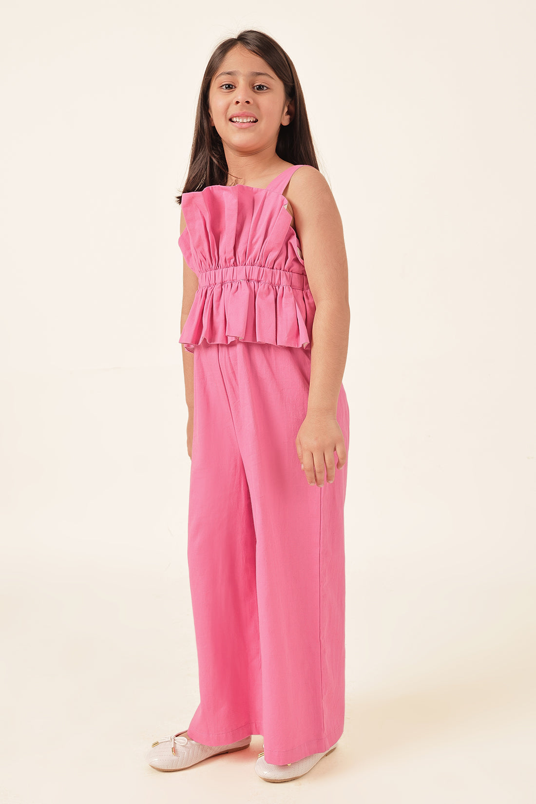 Girls Pink Square Neck Cotton Twill Jumpsuit