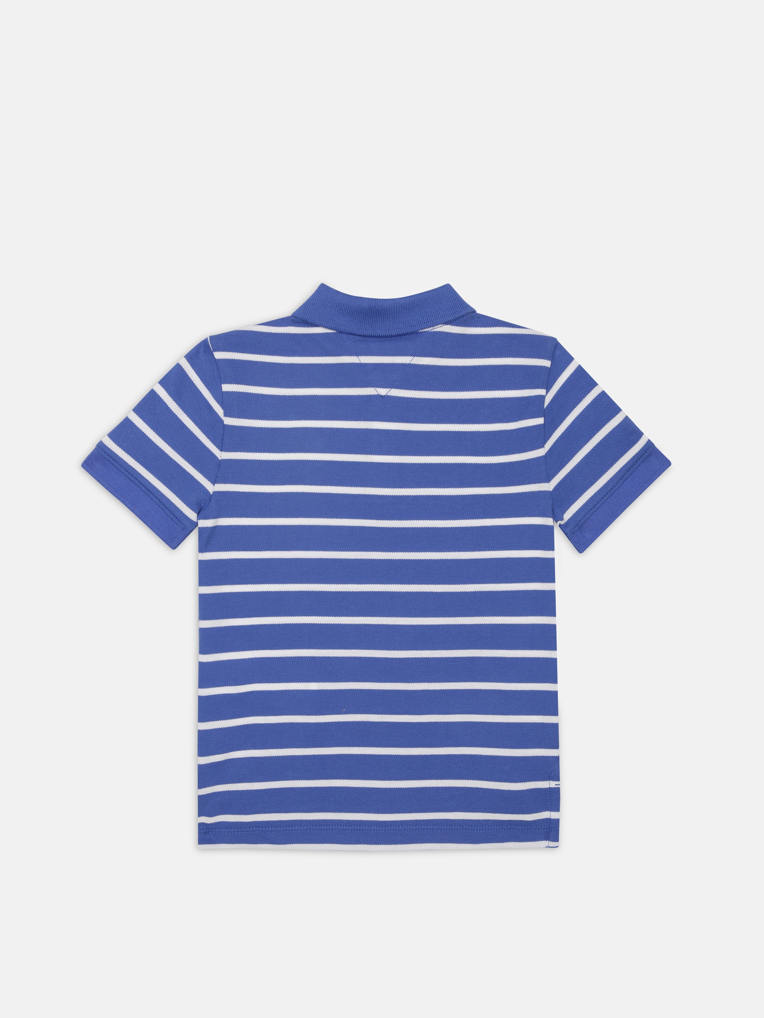 Boys Blue Striped Polo Collar Regular Fit Cotton Knit Top