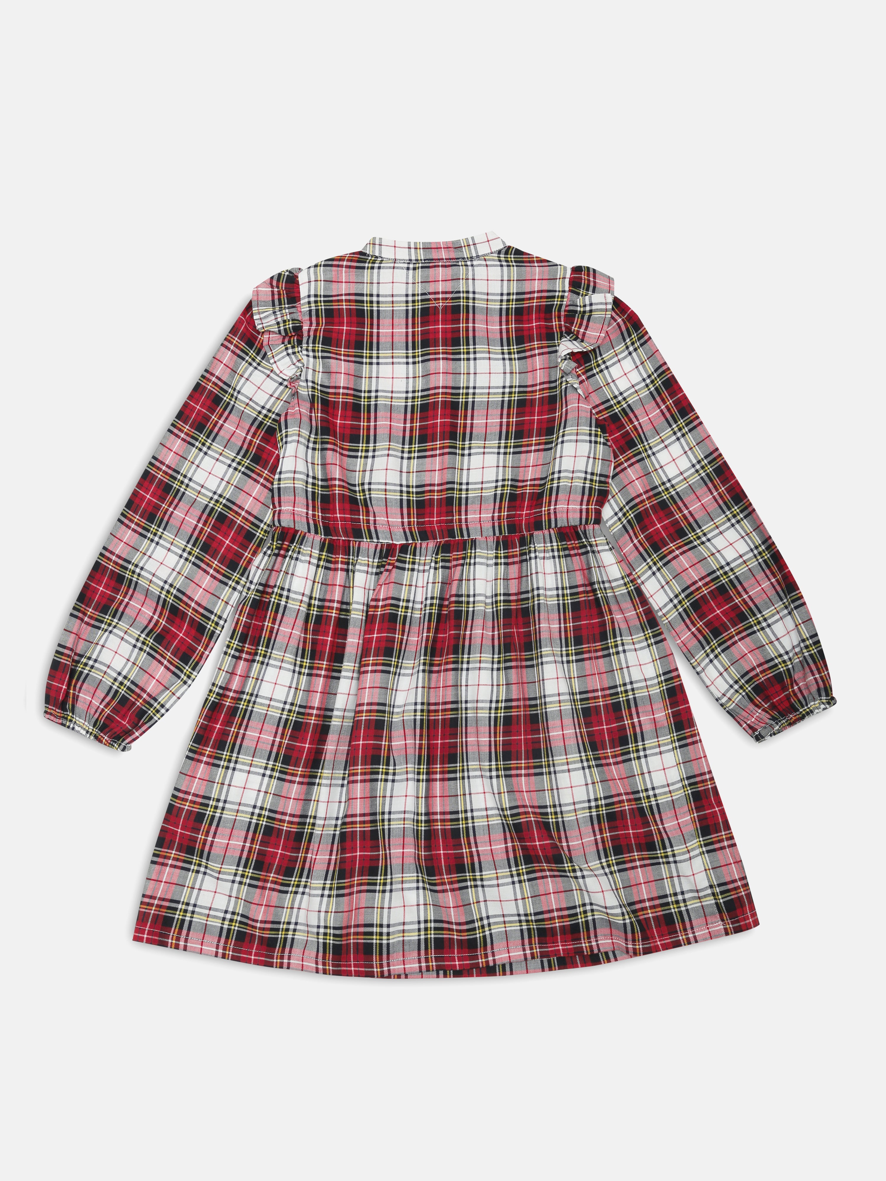 Girls Red Checked Cotton Mandarin Collar Casual Dress