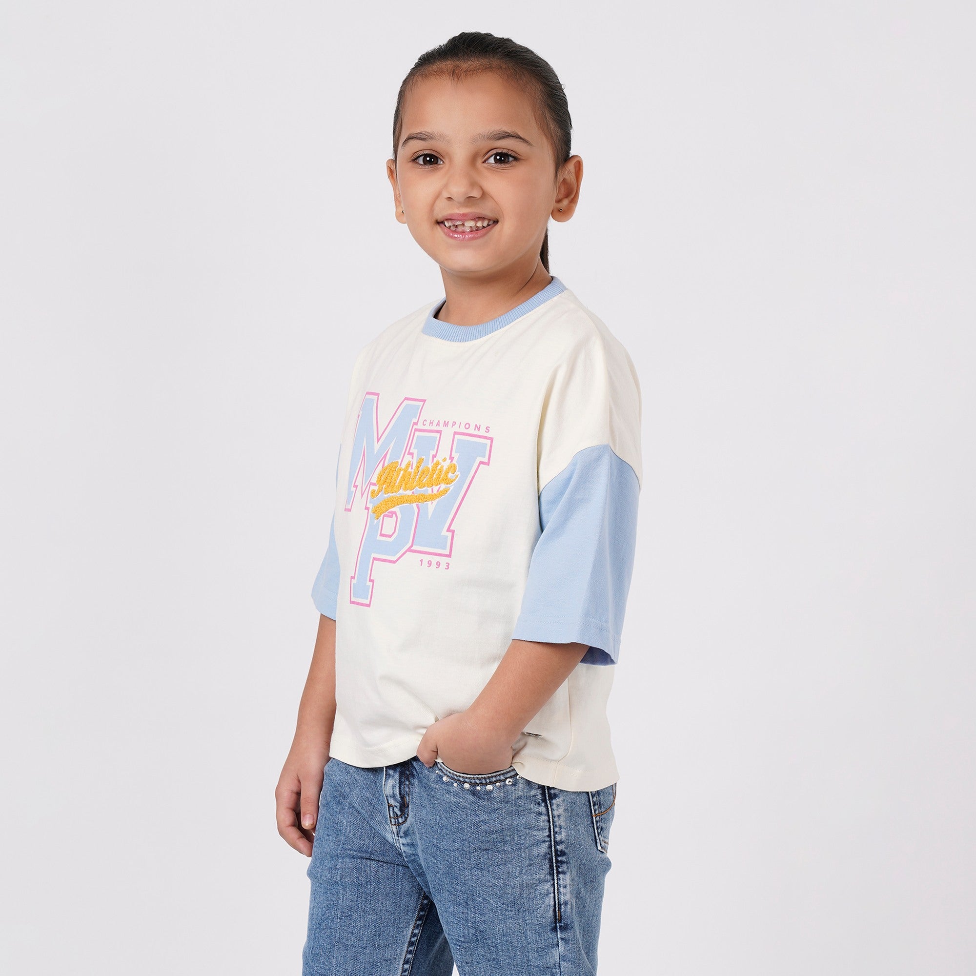 Girls Cream and Blue Cotton Color Block Boxy Fit T-Shirt