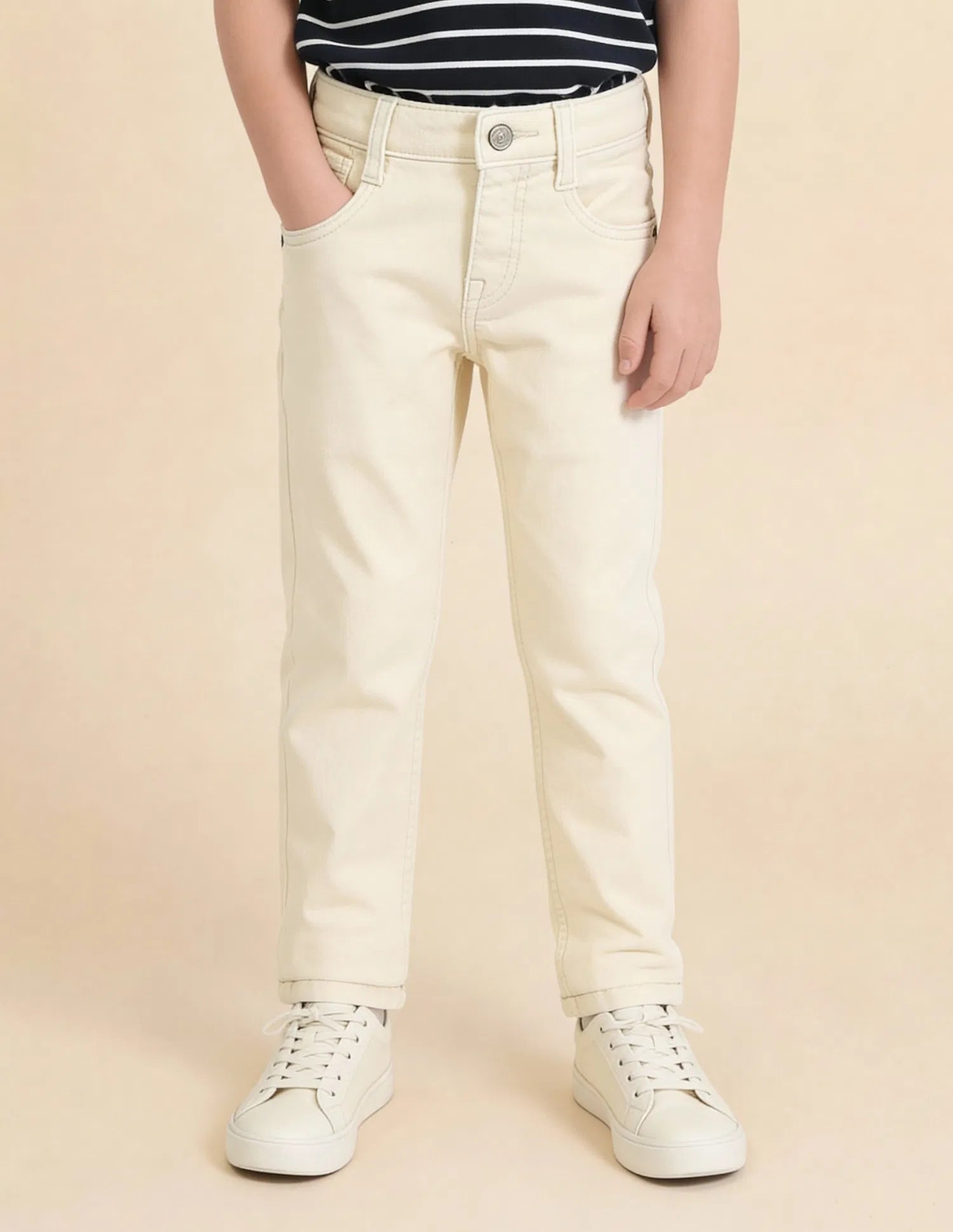 Boys Off White Cotton Mid Rise Slim Fit Jeans